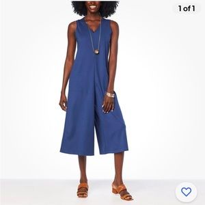 MarlaWynne  Blue Ponte Knit Wide Leg Cropped Jumpsuit size small pockets